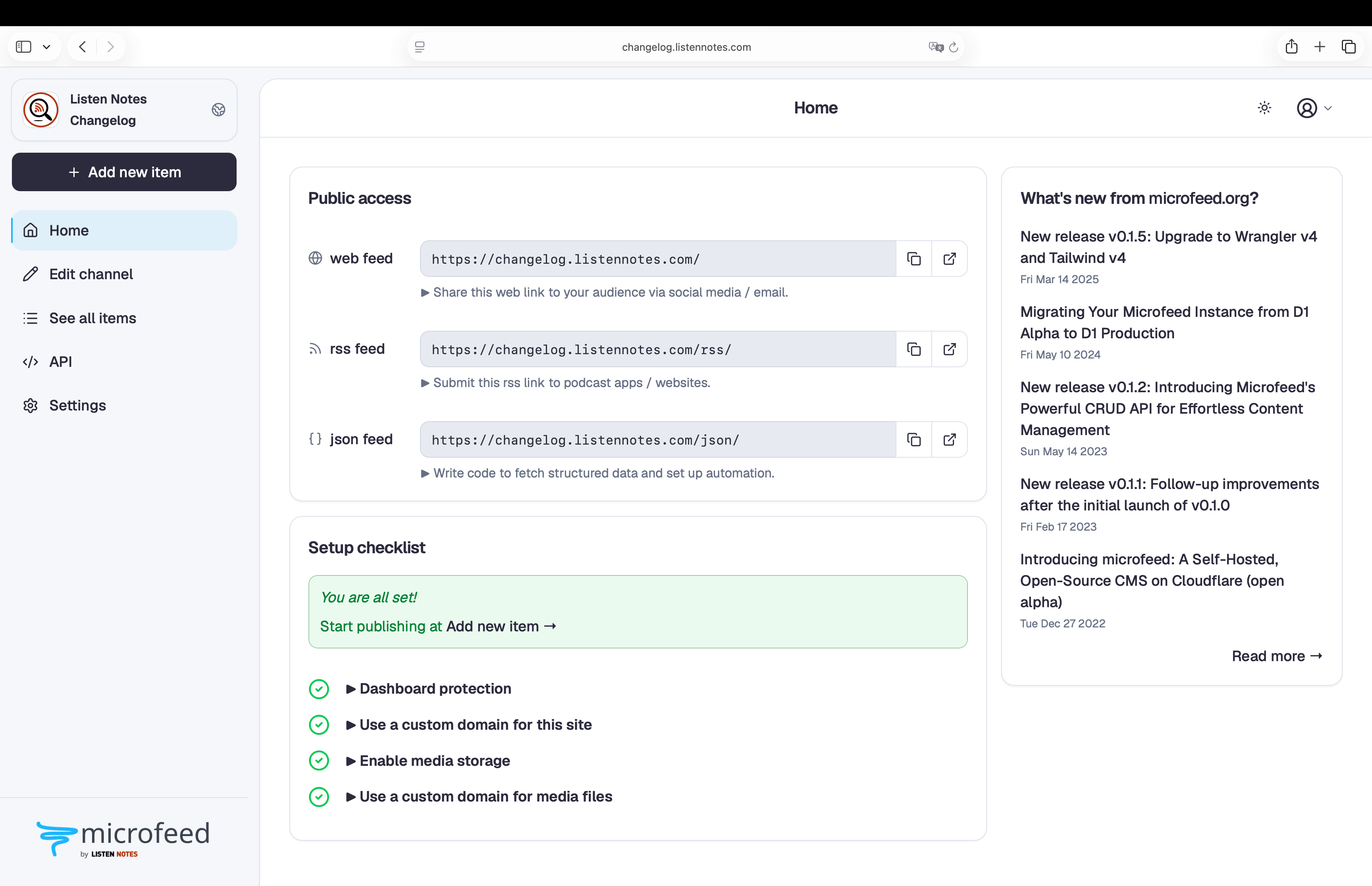 The microfeed dashboard home page with public feed links and a completed setup checklist