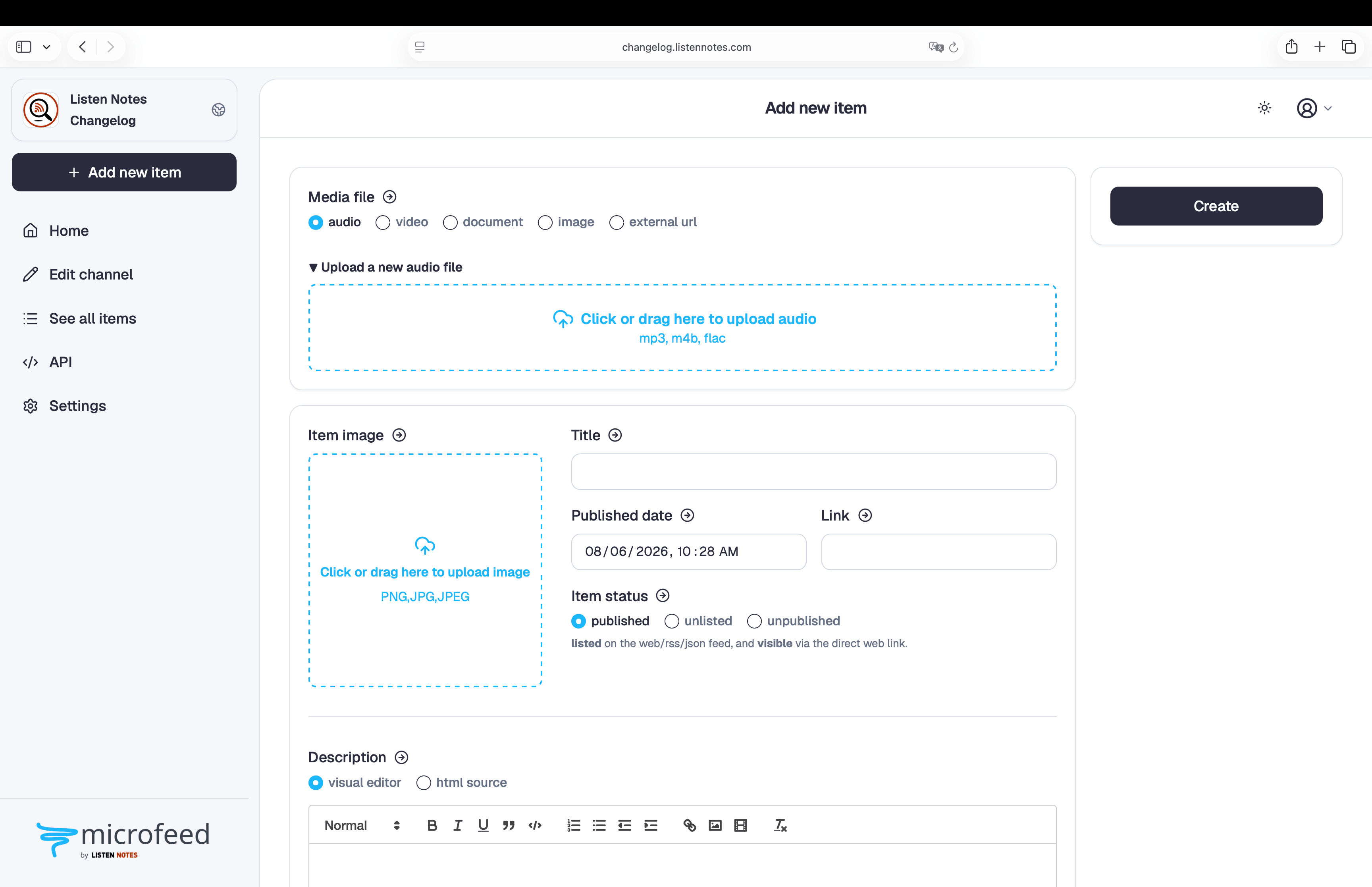 Creating a new microfeed item with media type, upload, image, title, publication, visibility, and description controls