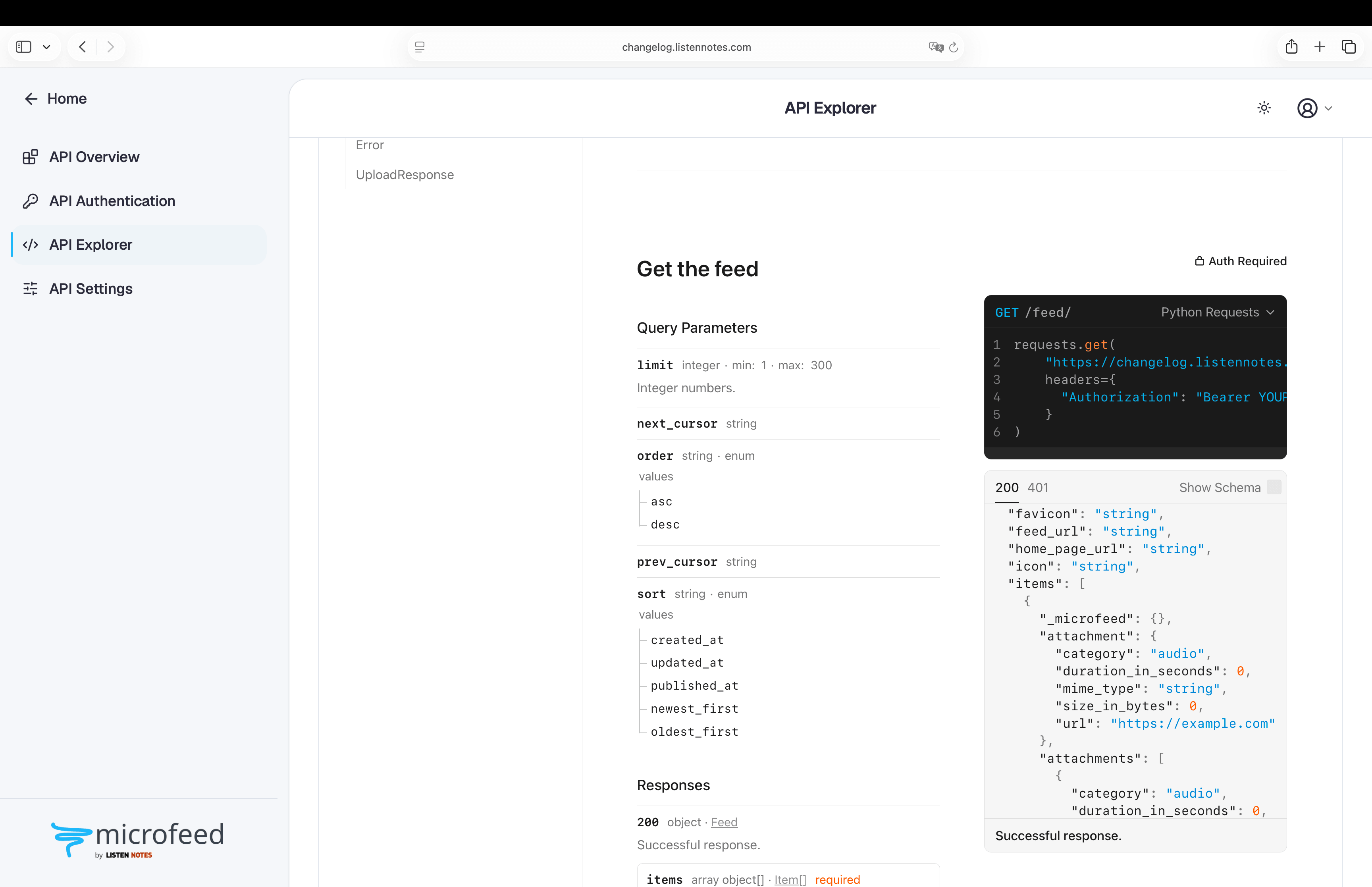 The microfeed API Explorer showing parameters, JavaScript fetch code, and the response schema for fetching a feed