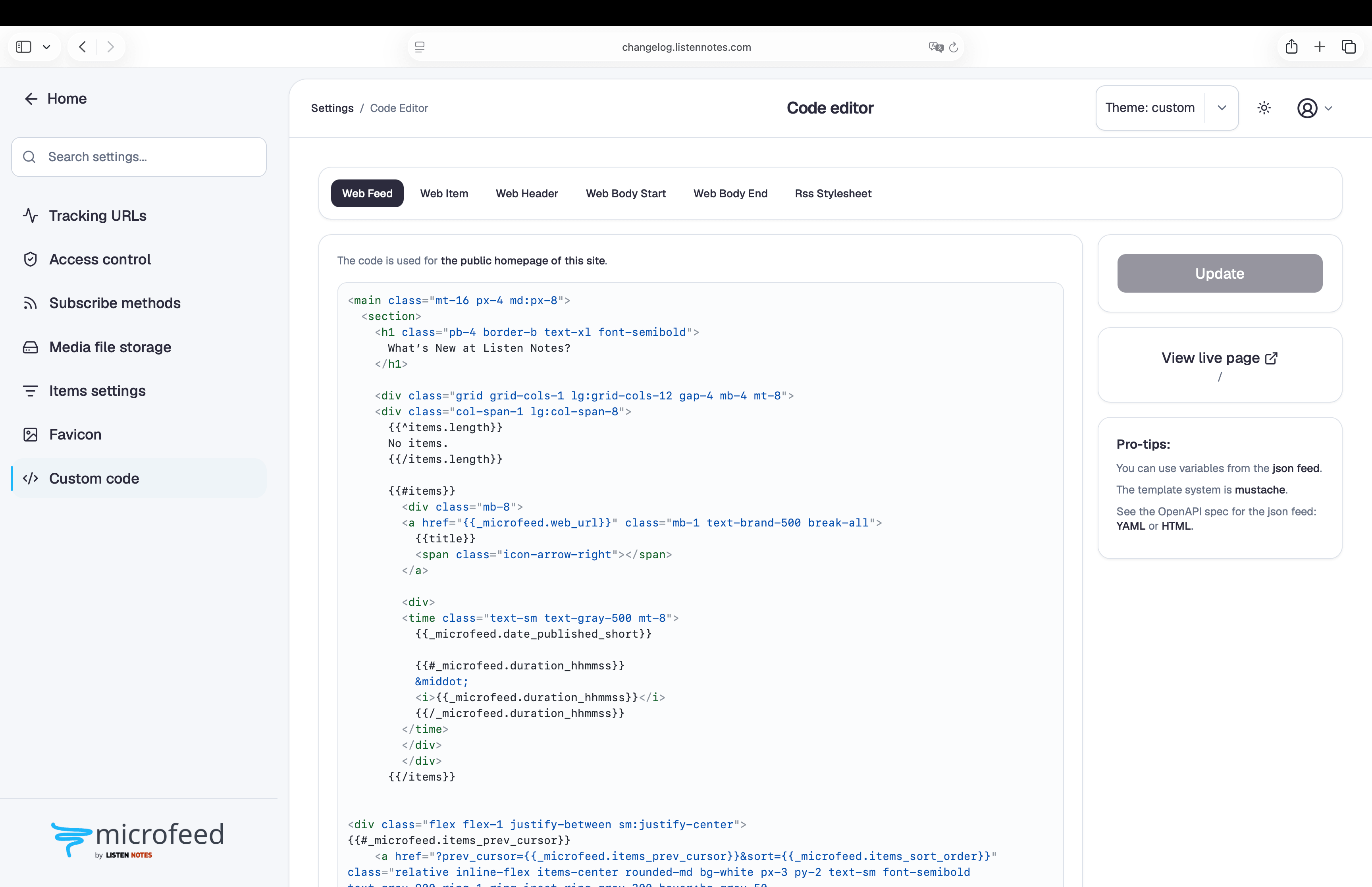 Editing a custom microfeed web theme with raw HTML, CSS classes, Mustache variables, and pagination controls